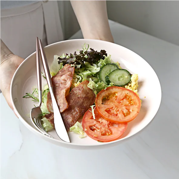 

wholesale bulk glossy pink tableware round deep nordic dishes restaurant salad plate porcelain plates for steak pasta