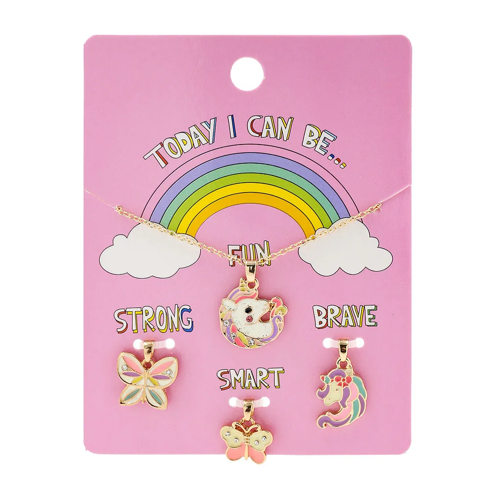 

4 pcs Colorful Enamel Unicorn Pendant Necklace Rhinestone Butterfly Necklace for Women Girls Chlidren Jewelry Gift, Gold
