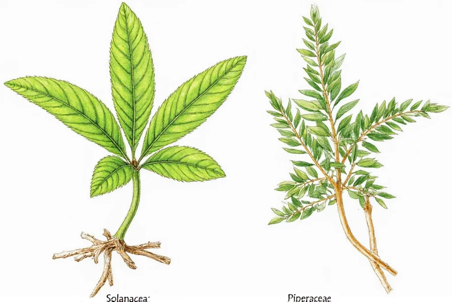 Botanical illustration showing differences between Solanaceae and Piperaceae plant structures