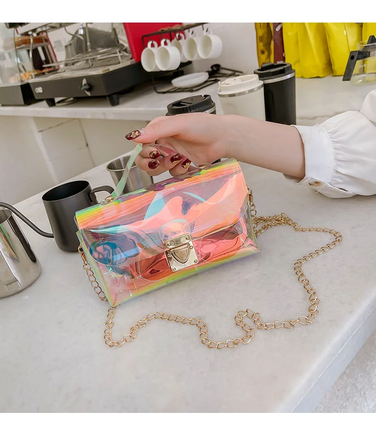 

Summer Promotion Laser Colorful Transparent PVC Purse Small Square Handbag Trendy Custom Holographic Lady Chain Shoulder Bag, Customizable