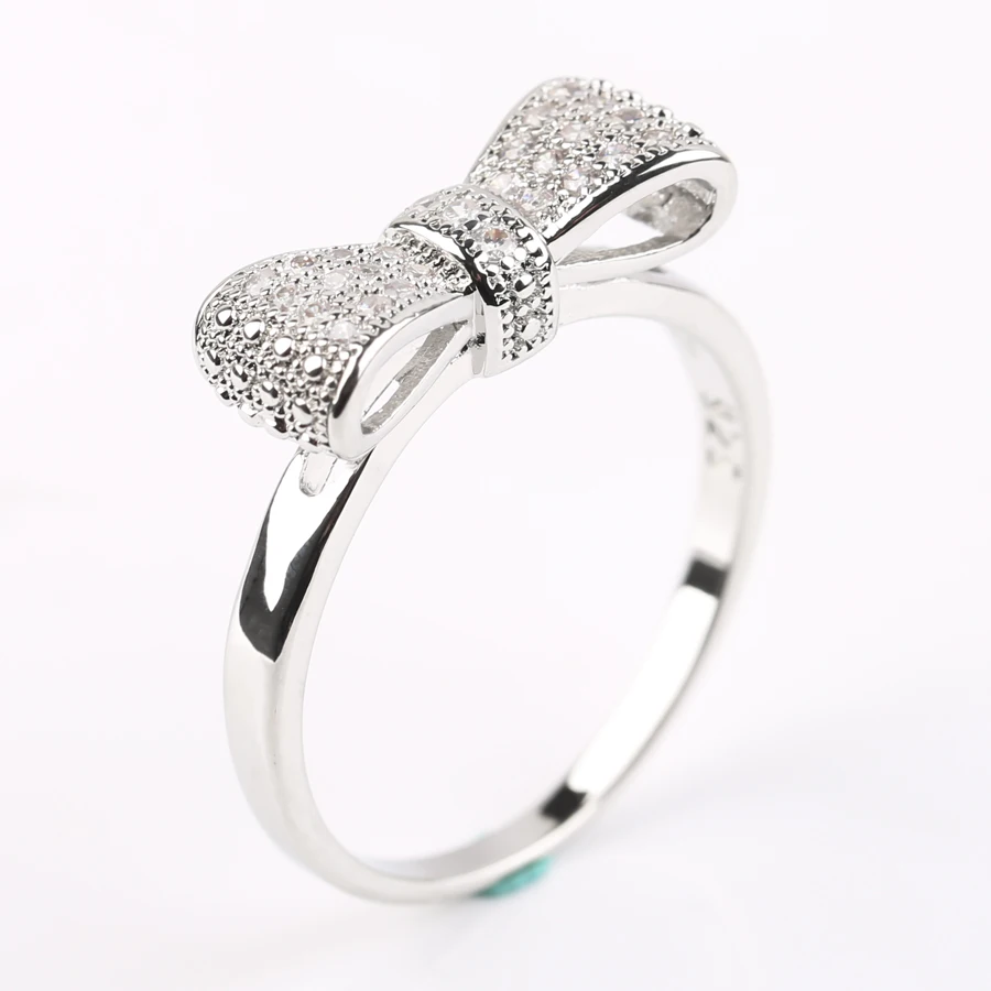 

Silver Plated Bow Tie Ring CZ Simulated Diamond Valentine's Day Bow Knot Women Stackable Ring