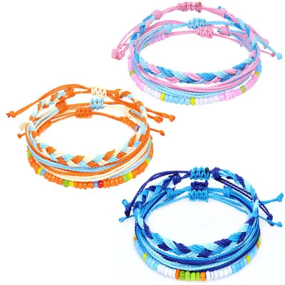 

Fashion Bohemian Mizhu Waterproof Wax Thread Brass Hand-woven Bracelet 3-piece Set Bracelet