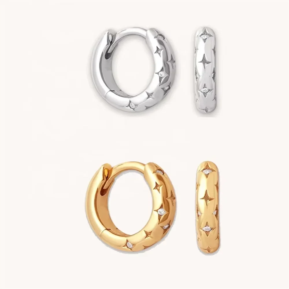 FUAMAY Starburst Cubic Zirconia CZ Pave Hoop Earrings Cosmic Star Bold Huggie Hoop Earrings Sterling Silver 925