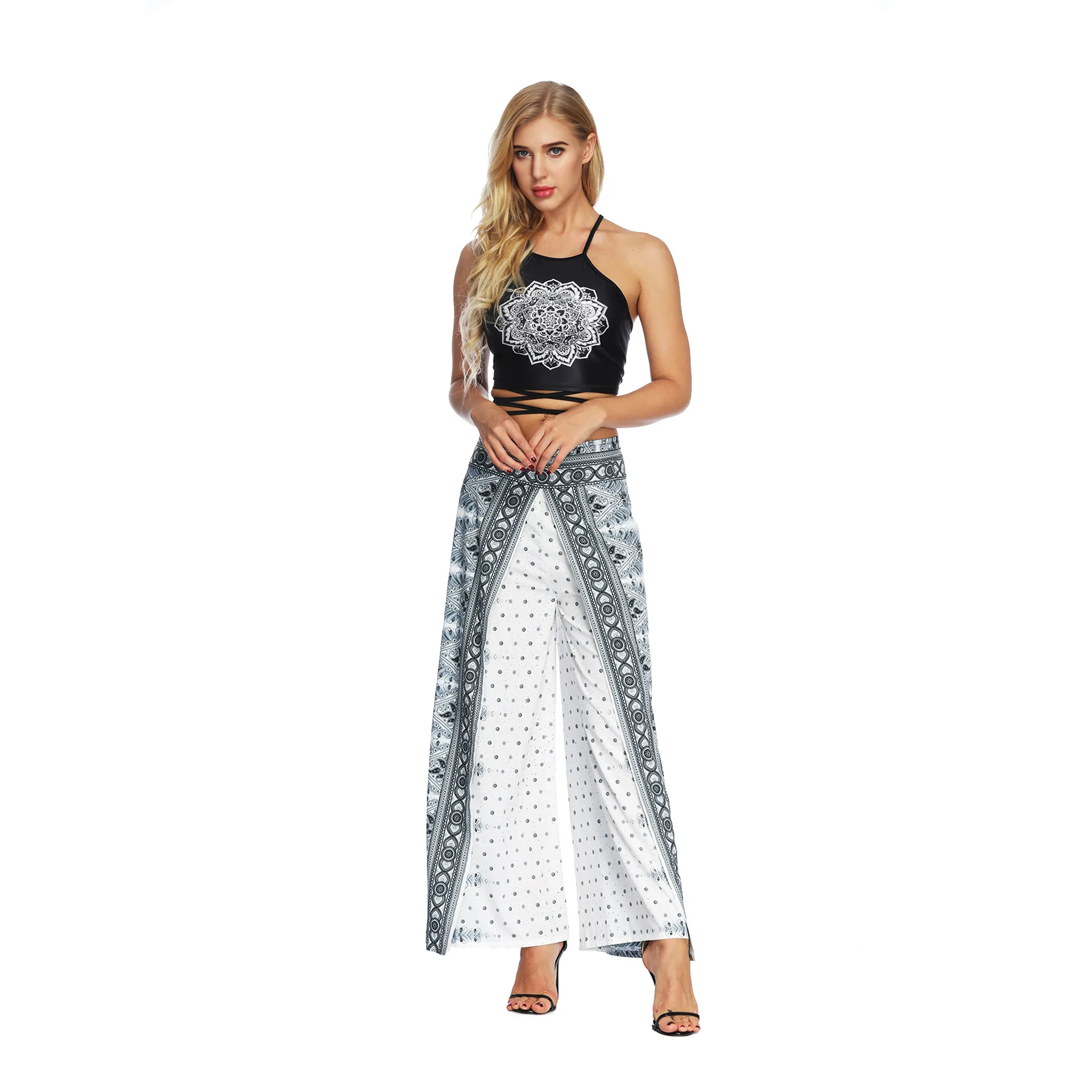

Wholesale Amazon Fashion Ethnic Style Thin High Waist Printed Wide Leg Pants Plus Size Loose Casual Women Pants, Shown