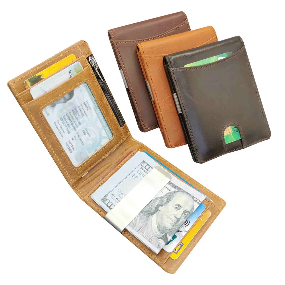 

Amazon Seller Supplier RFID Blocking Front Pocket Bifold Genuine Leather Minimalist Slim Money Clip Men Wallet with Coin Pocket, Brown, coffee