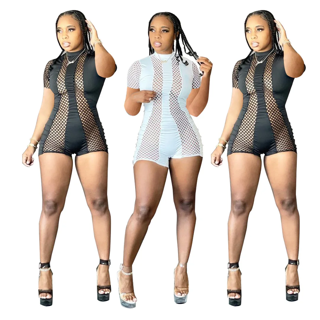 

YS-062 New Summer Women'S Solid Color Sexy Hollow Mesh Jumpsuit, 2 colors