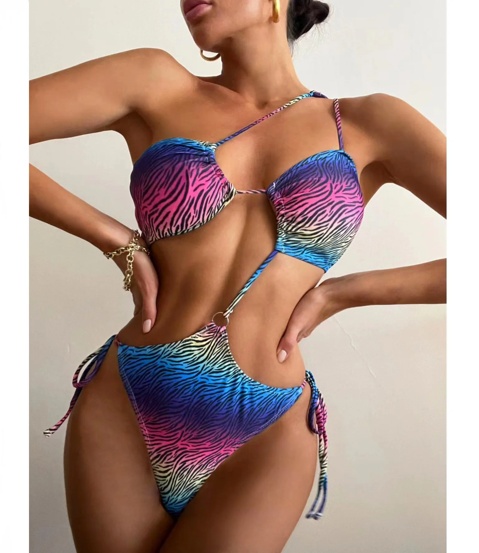 

Gradient Zebra Print One Piece Swimsuit Sexy One Shoulder Cut Out Bikinis Women Swimwear Beachwear