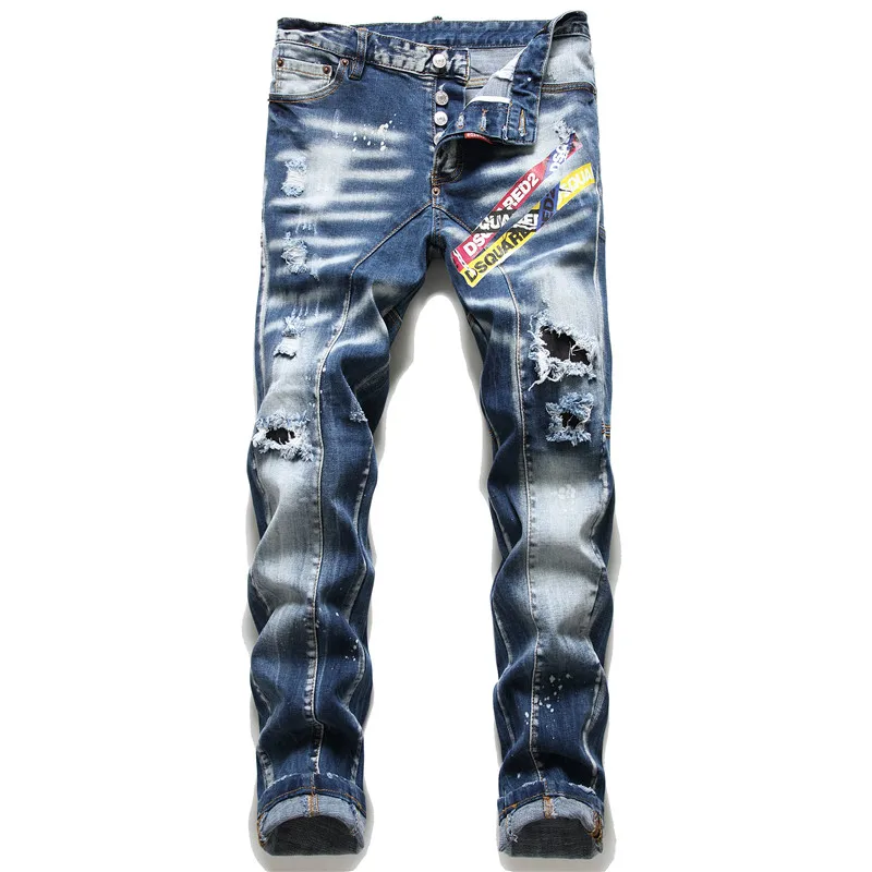 

Hot sale ripped patch slim fit stretch ink paint machete men's jeans, Blue