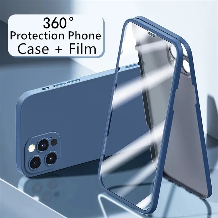 

Newest 360 full phone case with screen protector Back cover glass film for iphone 12 pro max 13 11 XR XS X 8 7 6 mobile shell, 5 colors