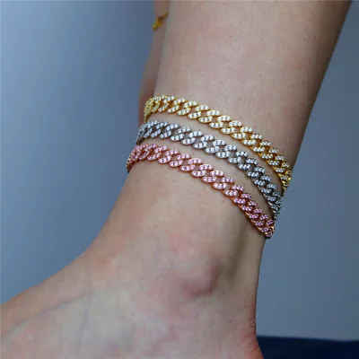 

2021 Hot Sale Hip Hop Gold Filled Anklet Bling Bling Anklet Bracelet Cuban Link Anklet for Women Men, Gold,silver,pink