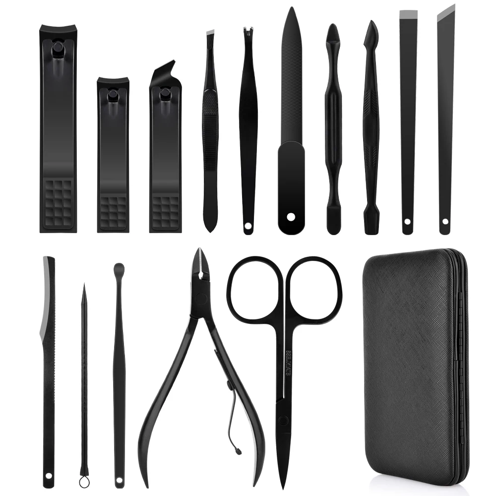 Black Leather Case Mini Stainless Steel Nail Clipper Scissors Travel 15 Pcs Professional Manicure Set.jpg