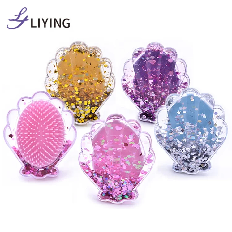 

2020 new mermaid shell shape hair brush liquid glitter bling customize hair detangle brush, Pink/purple/blue/gold