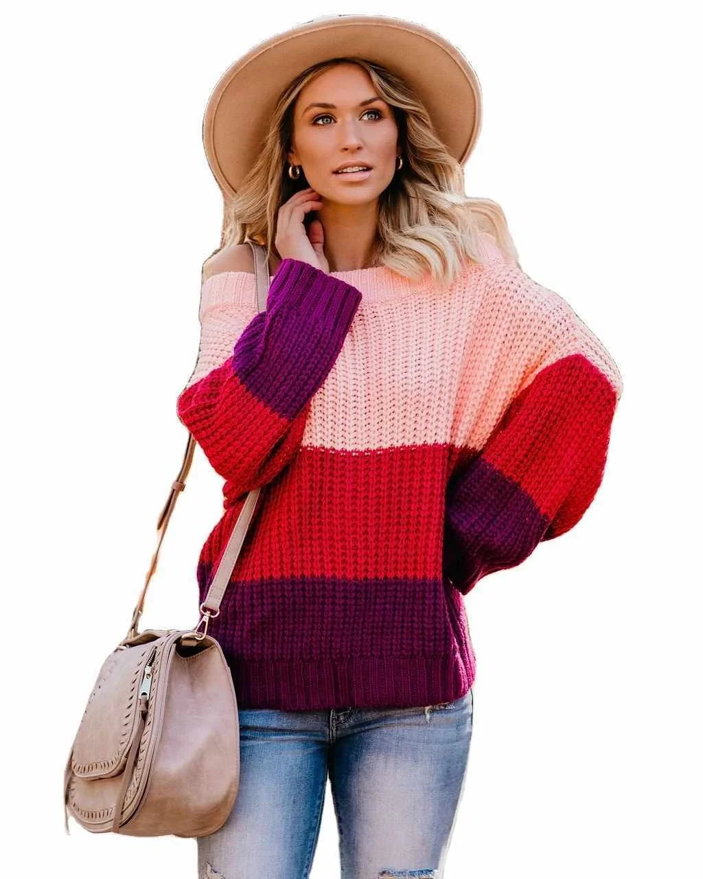 

Wholesale Custom Loose Stripe Long Sleeves Crew Neck Pullover Sweater For Women