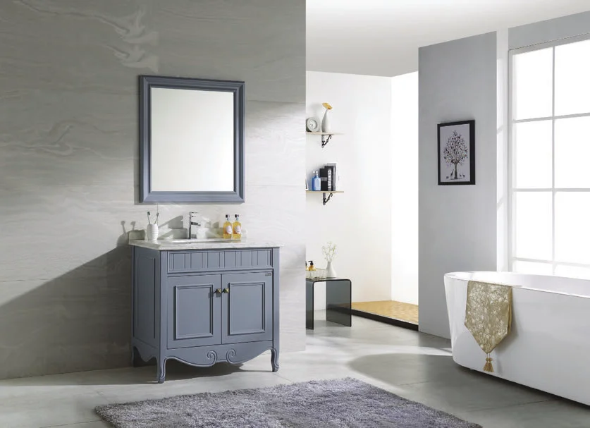 MS9006 Iron blue solid wood floor mounted bathroom cabinet marble panel with mirror box