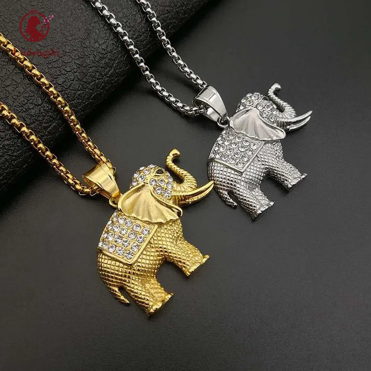 

Hips Hops Stainless Steel Animal Necklace Micro Inlay Cubic Zircon Rhinestone Elephant Necklace For Men Gift