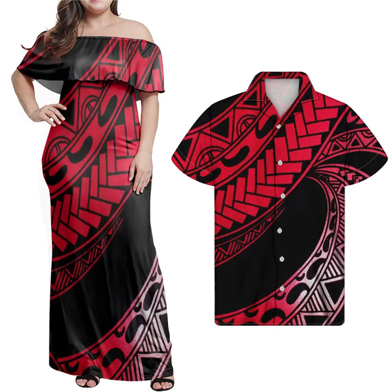 

Black Red Original Tribal Polynesian Print 2pcs Set Women Off Shoulder Ruffle Dress Match Men Shirts Casual Couple Clothing 2021, Customized color