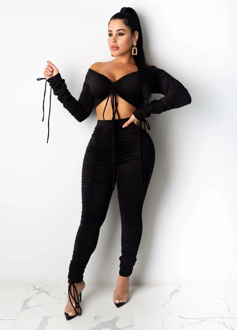 Women's Casual Bra Crop Top Thread Adjust With Ruched Pants Bodycon Two Piece Sets Outfits Two Piece Pants Sets