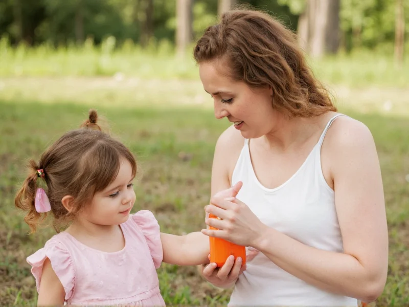 Woman applying natural bug repellent to child's arm safely