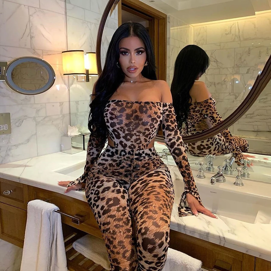 

Nibber K20S09947 2021 New Arrivals SPRING Bodysuit Pants Leopard Print Strapless Flare Sleeve Sexy Two Piece Sets Women