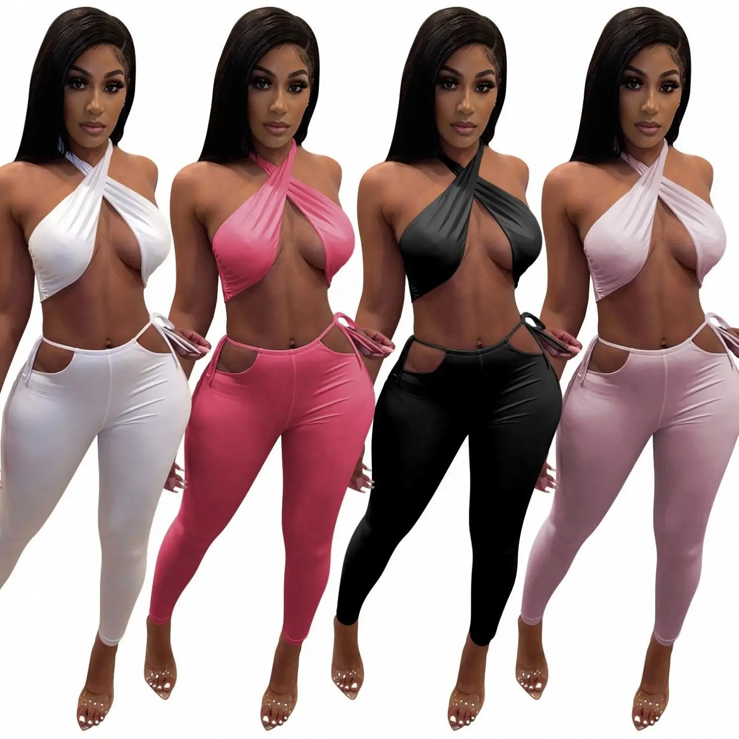 

ZYY969 High Waist Hollow Casual Skinny Sports sexy long pant 2 piece pants set halter crop top