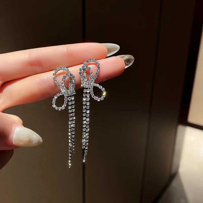 

fashion trendy crystal bow earrings silver plated