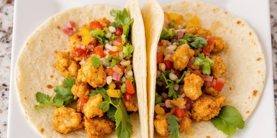 Garam masala seasoned jackfruit taco topped with mint-yogurt sauce and pomegranate seeds