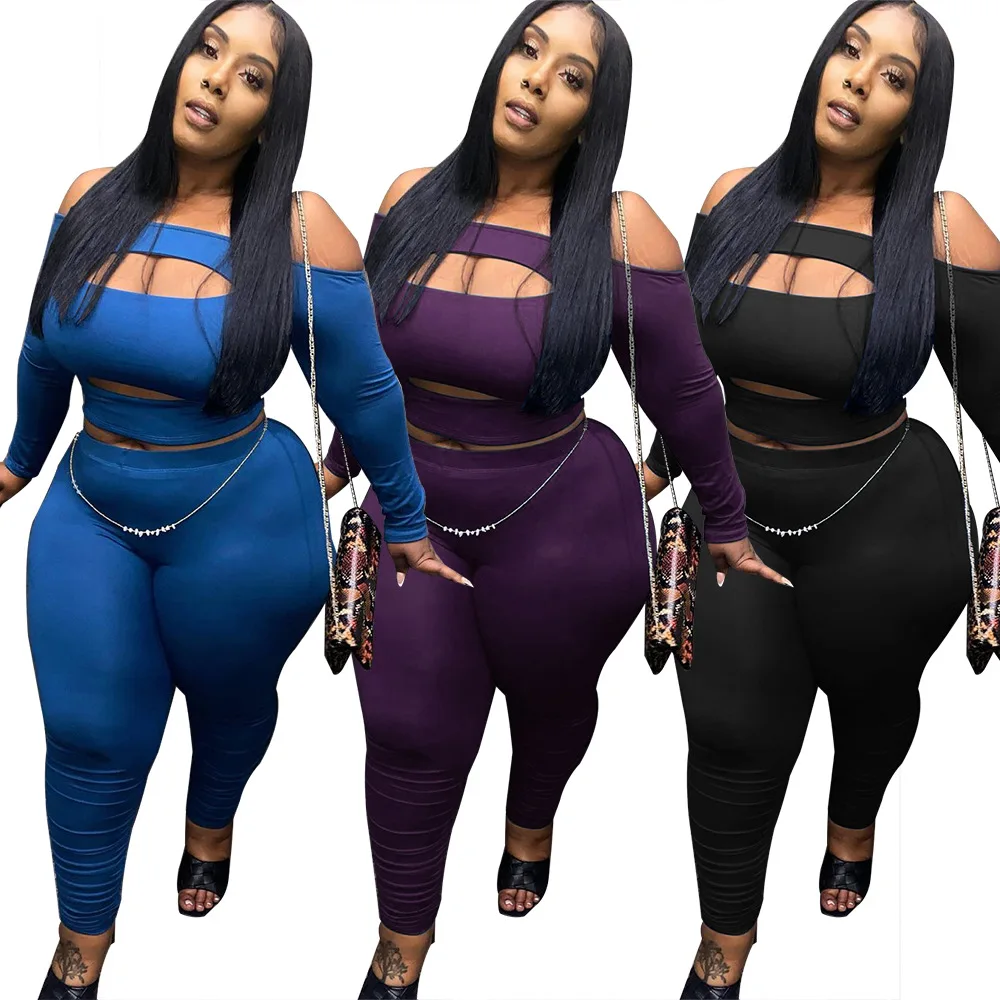 

Solid Plus Size Sexy Off Shoulder Ladies Outfits Long Sleeve 2 Piece Pants Set Women Clothes