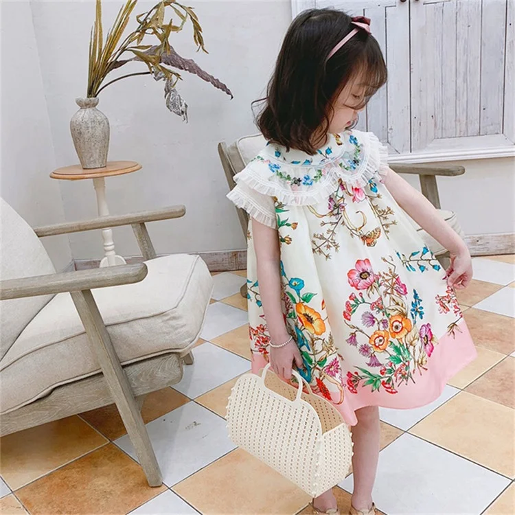 

New Fashion Court Style Baby Girl Dresses Flowers O-neck Noble Kids Dresses For Girls