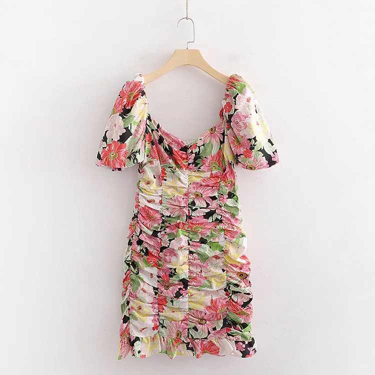 

Q294 New INS Fashion Moda Floral Print Slim Waist Bodycon Elastic Dress Womens Chic Clothing 2020