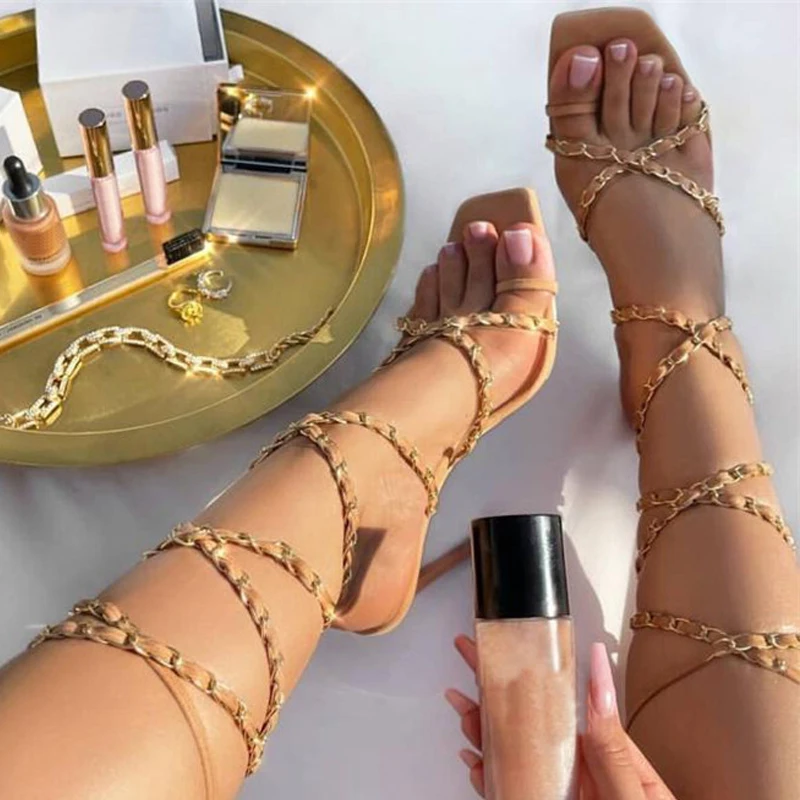 

2021 New Design Chain Sandals Cross Straps Metal High Heels Open Toes Sexy Party Women's Shoes Summer High Heels Sandals