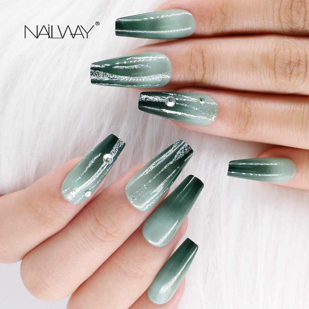

Factory Low MOQ Fake Nails Long Ballerina Design Artificial Nail Tips Coffin Glitter Ombre Press On Finger Nails Decoration, Ombre green