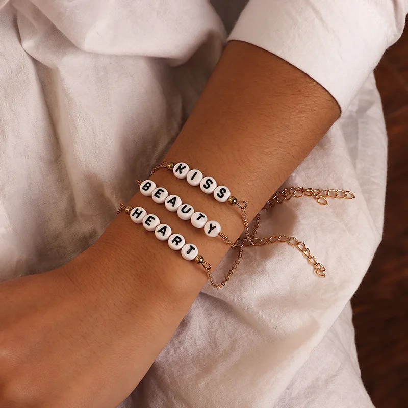 

Fashion Simple 3Pcs/Set DIY 18K Gold White Stone English Initial Letters Beaded Bracelet for Couple Valentine's Day, Picture