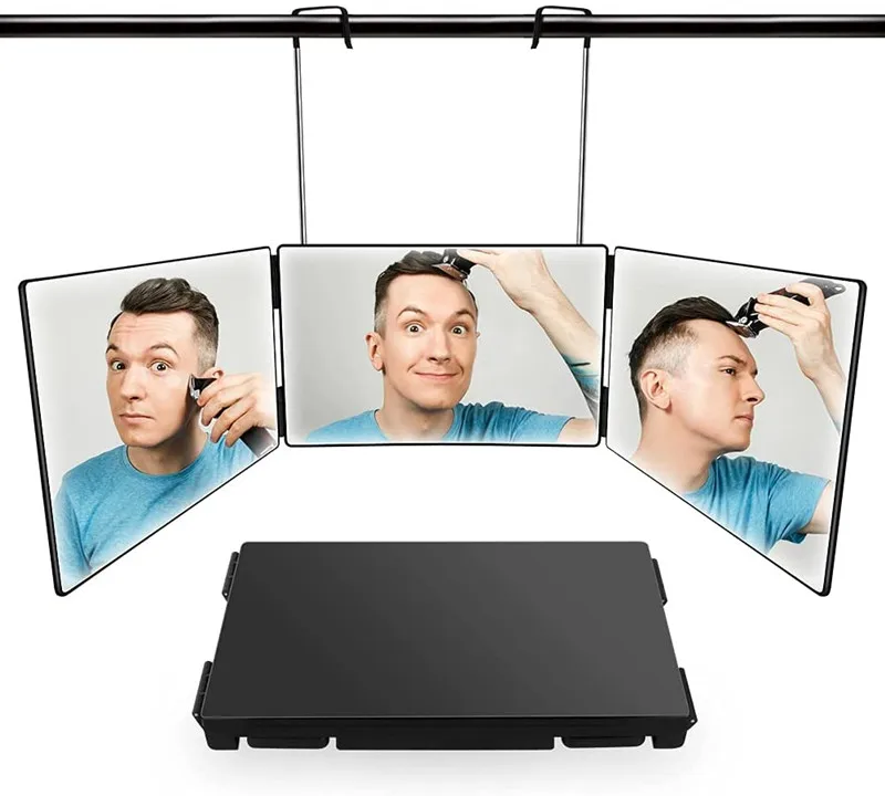 

New Hanging Trifold Foldable 3 Way Mirror Makeup Mirror Self Hair Cutting 360 Mirror for Men with LED Lights, Black