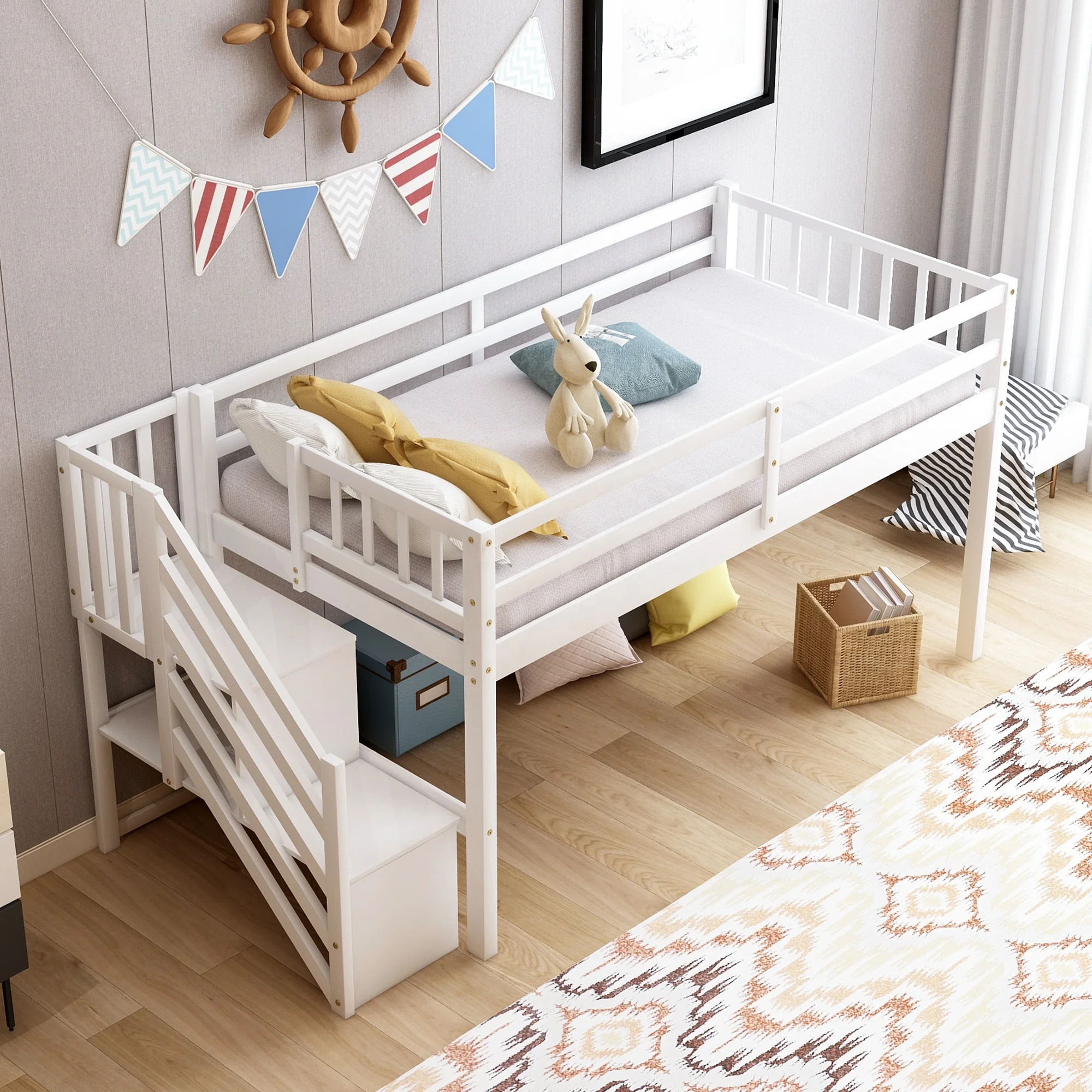 

Free shipping white baby bunk bed for kids twin girls bunk bed with slide and stairs, White, natural wood color or caramel colour