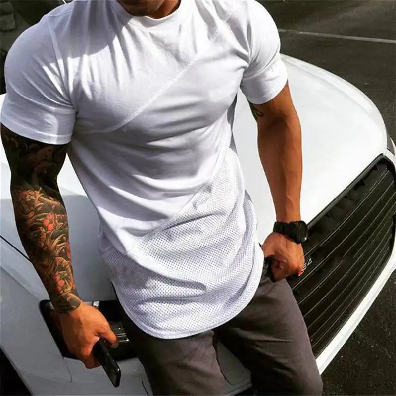 

Pure color Europe and the United States long men's fitness leisure city boy stitching leisure breathable short sleeve T-shirt