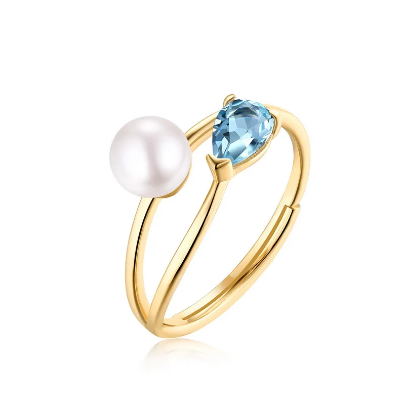 

Blue Topaz Freshwater Pearl Ring 925 Sterling Silver Adjustable Ring