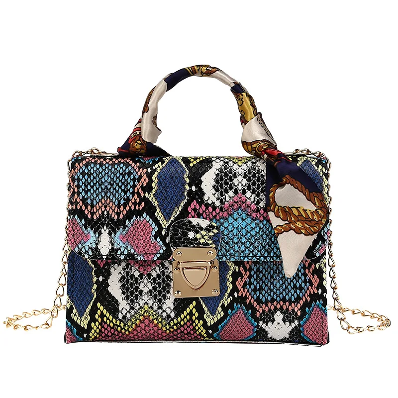 

2021 Hot sale snake pattern chain women messenger bag large capacity personalised PU shoulder bag, Purple/green/blue/orange