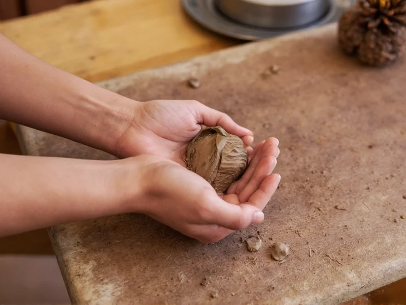 Hands shaping clay diya with natural materials