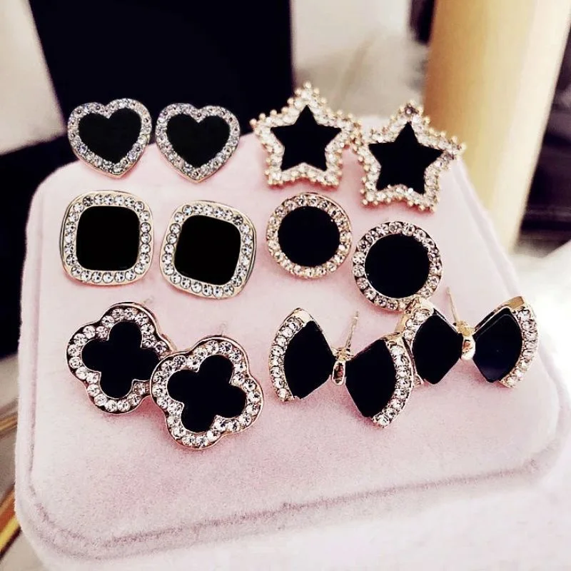 

2021 Summer unique statement black diamond star stud butterfly love square triangle heart clover earring jewelry mexican women