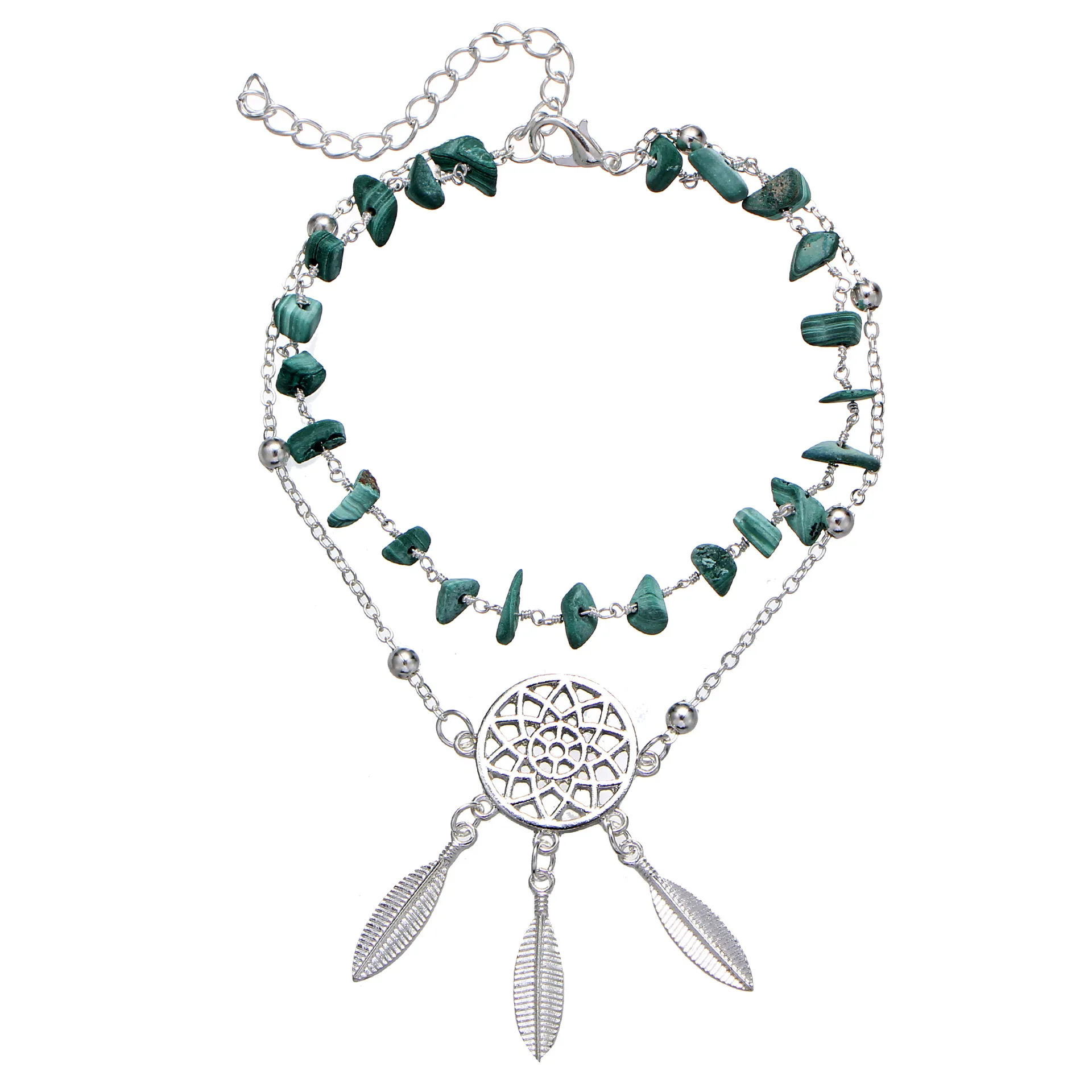 

Fashion silver hollow dream catcher irregular turquoise stone pendant anklets for Women
