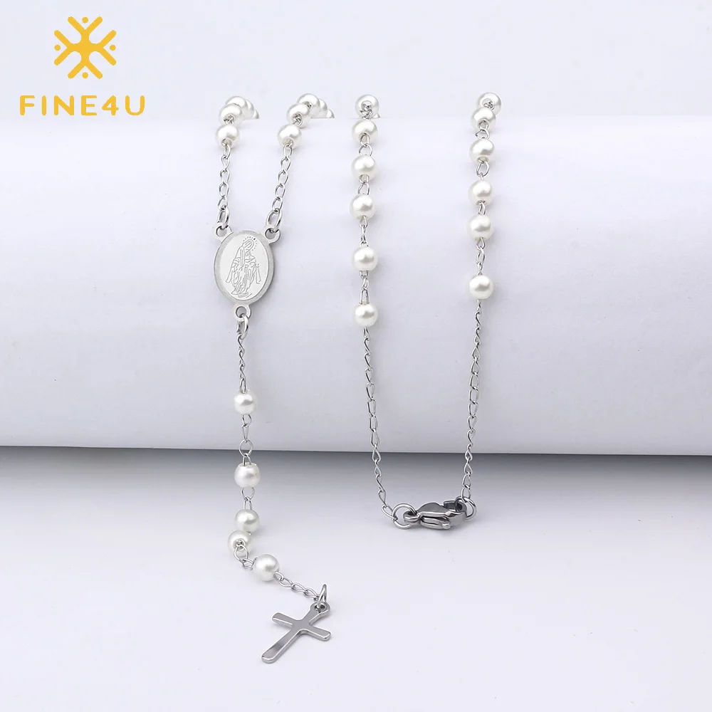 

Long Pearl Stainless Steel Virgin Mary Christian Jesus Cross Pendant Divine Mercy Rosary Beads Necklace
