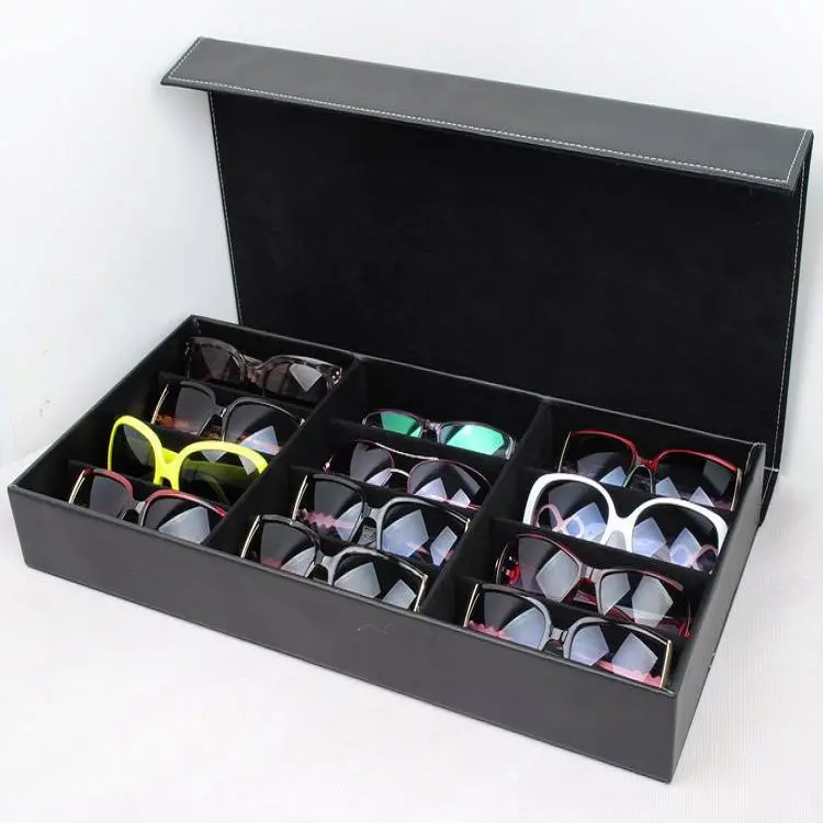 

Leather Eyeglasses Storage Box Sunglasses Case Glasses Display Stand Black High End Glasses Storage Box With 12 Compartments