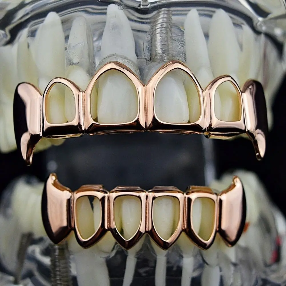 

Hip Hop Teeth Grillz Set Silver Gold Tooth Top Bottom Punk False Dental Grills For women Men Body Jewelry Cosplay Party, 18k gold/white gold