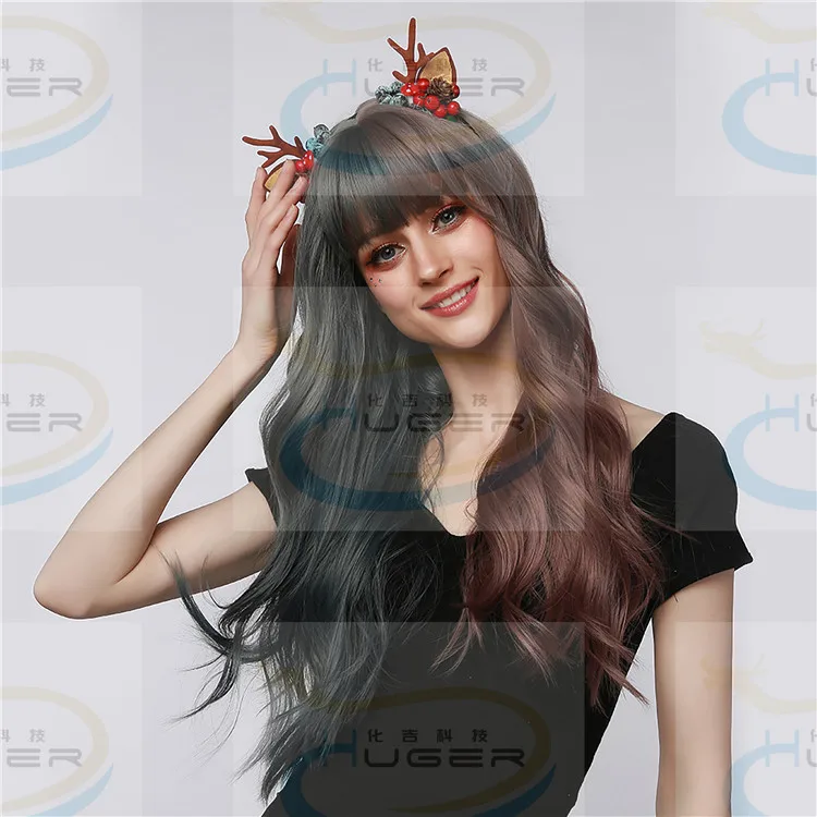 

neat bangs Cyan grey brownish red long hair wavy Rose elastic net hat