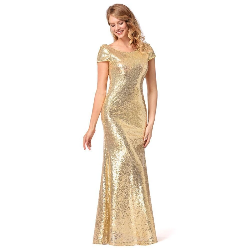 

European and American New Style One-piece Long Bridesmaid Dress Women's Sequined Evening Dress, Golden