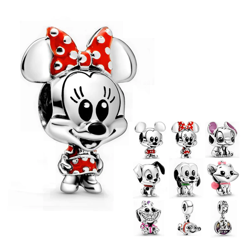 

S925 Sterling Silver Charm Beads Mickey Minnie Snoopy Only Fits Diy Original Charm Suitable for Original Pandora Bracelet, Silver & red