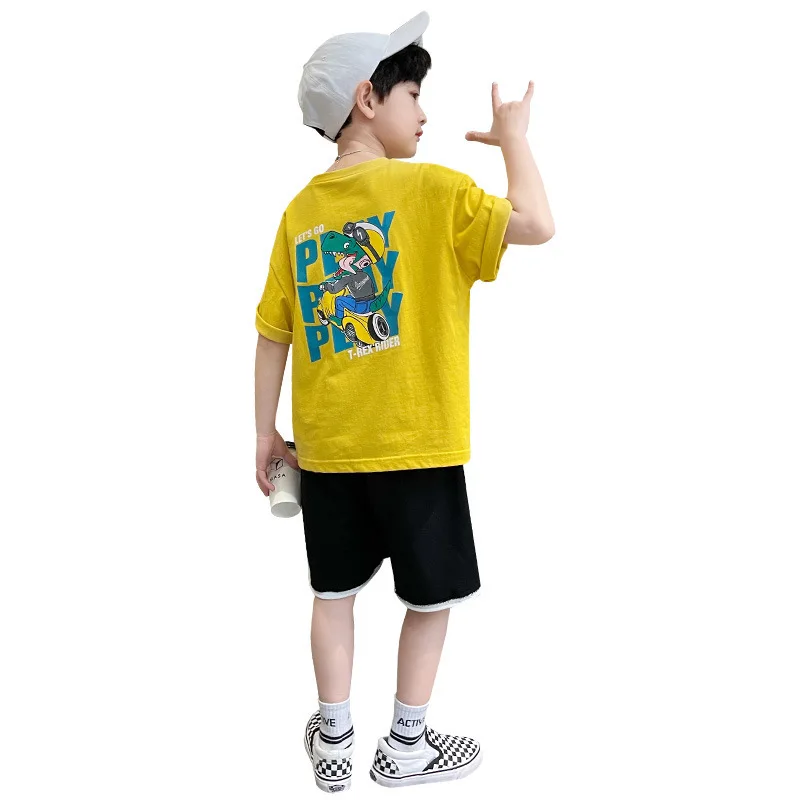 

Boys summer short-sleeved suit 2021 new big children handsome boy dinosaur suit baby boy clothing suit, Blue,yellow