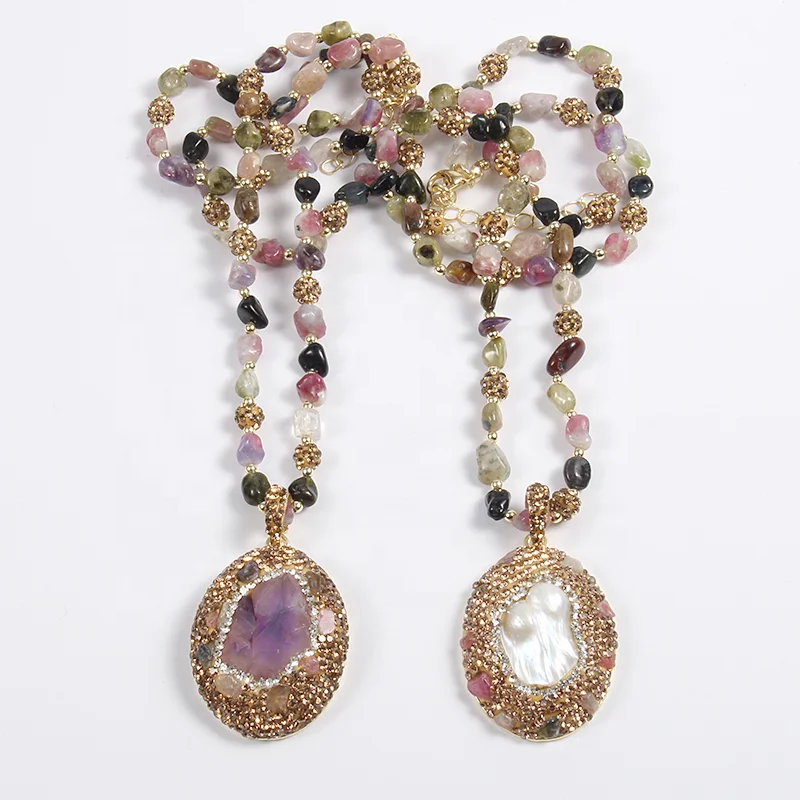 

Fashion Women Bohemian Jewelry Chip Tourmaline Rhinestone Pava Ball Hematite Necklace Big Baroque Pearl Pendant Necklace