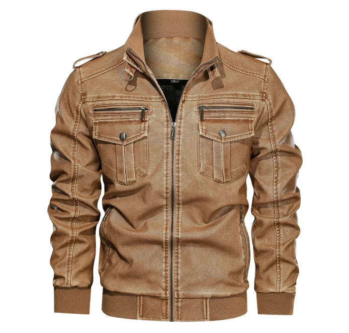 

Autumn washed vintage motorcycle PU leather jacket large size loose multi - pocket men's casual leather