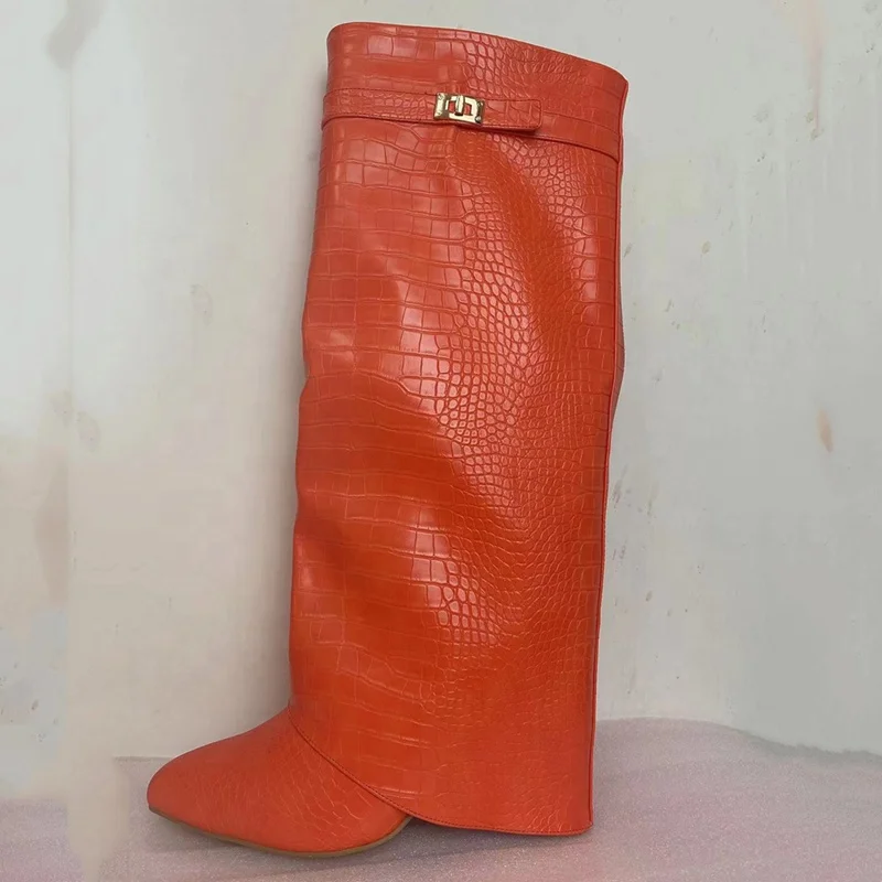 

Handmade Women Boots Fashion Overlay Crocodile Print Pointy Toe Knee High Boots for Teens Autumn Winter Side Zip Shoes, Black white red nude orange